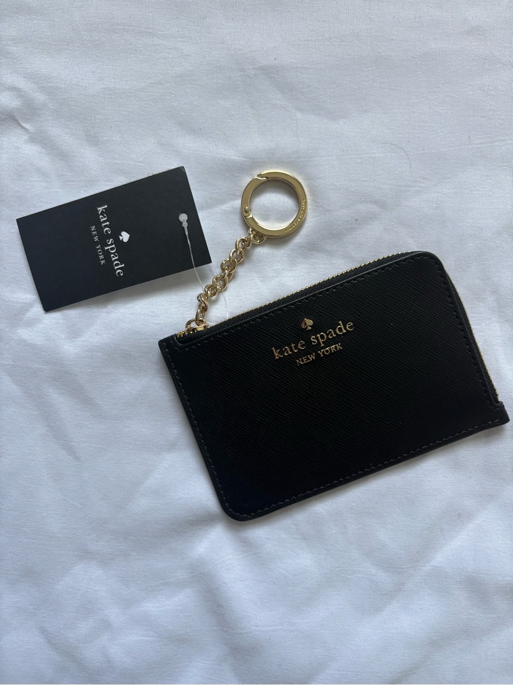 kate spade Black Saffiano Zip Card Holder Keychain with Gold Hardware